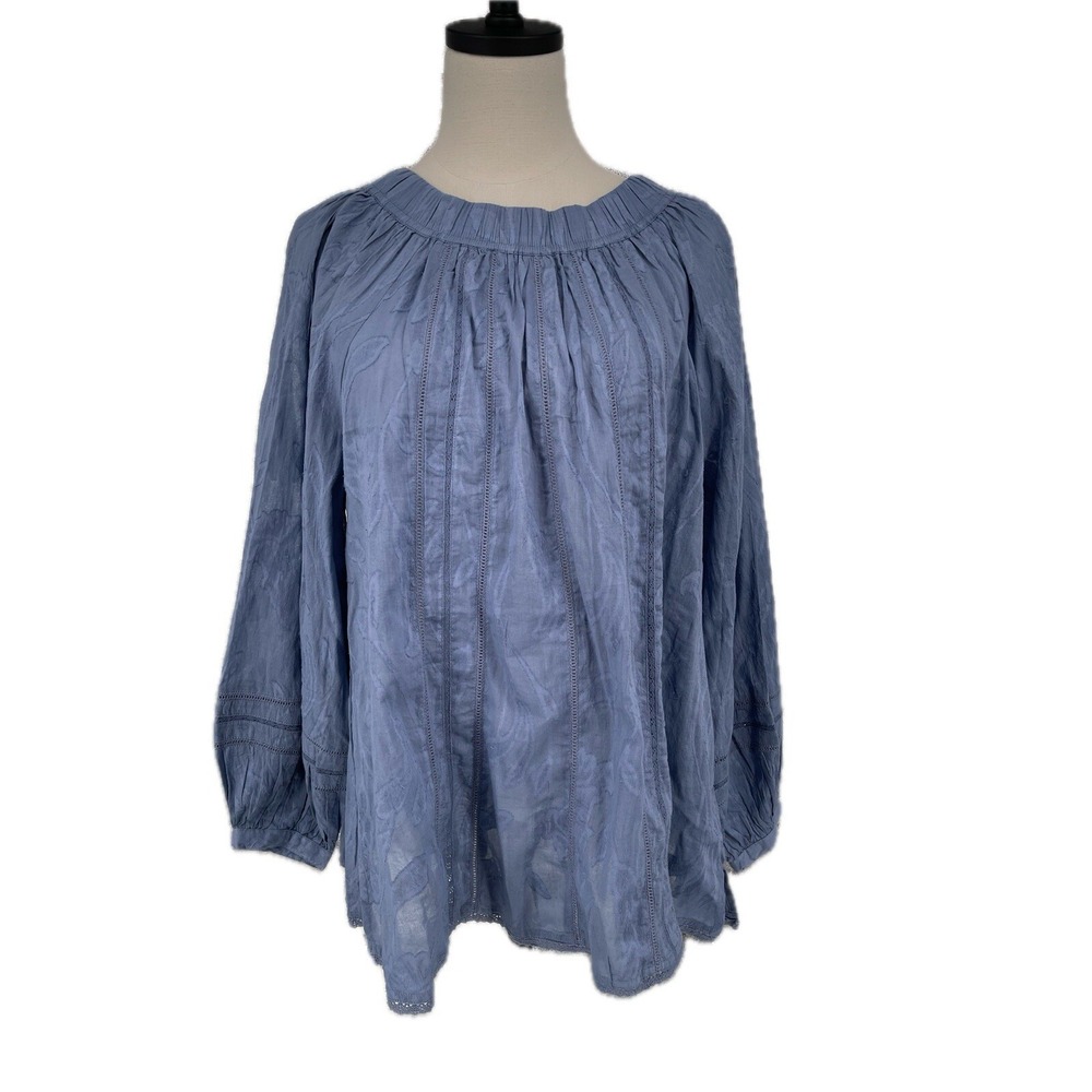 Roller Rabbit Blouson Top 100% Cotton Embroidered Floral Jacquard Blue Size L